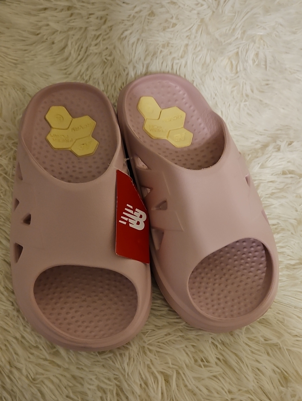 New Balance Pink and Yellow Slide Sandals